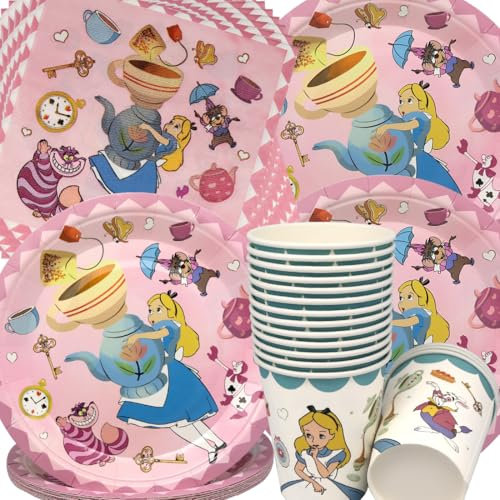 Stoviglie per Feste di Principesse,Doyomtoy Alice Tea Party Compleanno Decorazioni Ragazze Piatti di Compleanno, Tazze, Tovaglioli per Tea Party Fata Baby Shower 16 Ospiti