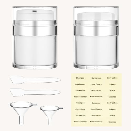 Airless Pump Jars with Labels 30ml 1 Oz Acrylic Lotion Dispenser Cosmetic Press Cream Jar Leak Proof Refillable Vacuum Empty Airless Pump Jar Kit for Hand Cream, Makeup, Face Moisturizer - 2Pack