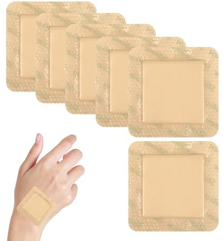 Guegine 6 Pcs Silicone Foam Dressing Adhesive Border Sili-Cone Foam Adhesive Dressing,Highly Absorbent and Waterproof Dressings Ad-hesive Waterproof Silicone Bandages (10 X 10 CM)