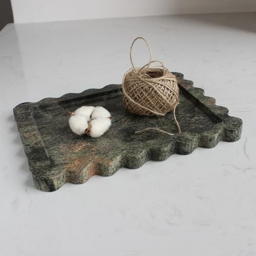 Natural Luxury Scalloped Marble Tray 27.5 * 20.5, Green Rectangle VanityTray for Bathroom Kitchen Counter, DecorativeTray for Dresser Home Decor