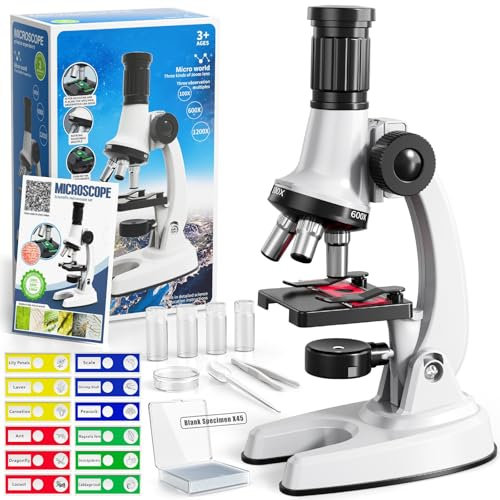 Mikroskopspielzeug Mikroskop-Set für Kinder ab 3–12 Jahren, 100X–1200X Vergrößerung, 7 LED-Farben, 12 vorbereitete Objektträger, Wissenschaftliches STEM-Experimentierset für Jungen und Mädch