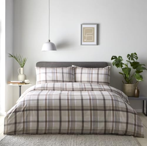 HOMEMAKER BEDDING Tartan Check Duvet Cover Bed Set Brown Beige cream (King)