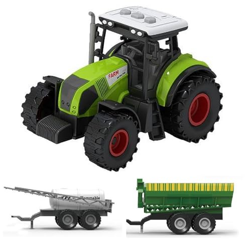 LioMaxi Scala 1:36 macchinina agricola inerziale per bambini, trinciacaricatrice, azienda agricola, agricoltura，3 effetti sonori simulati, luci, trattore + 2 rimorchi (Trattore + rimorchio)