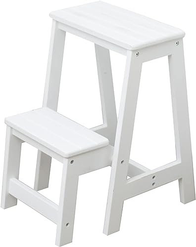 Wooden Stool Wood Small Foot 2 Steps Ladders Chair,Folding Step Multifunction Stairs Chair Home Library Climb Ladder Kitchen Step,White