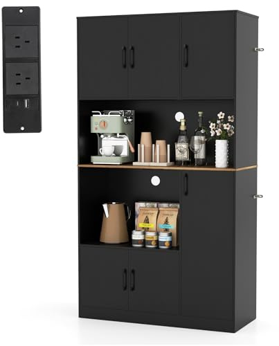 COSTWAY 180cm Tall Kitchen Cupboard, 6-Door Buffet Pantry Storage Cabinet with Built-in Power Outlet & Anti-tipping Device, Freestanding Sideboard Organizer Unit for Dining Room Living Room (Black)