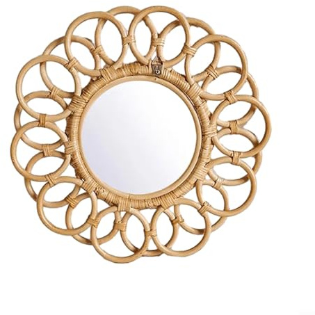 Besshepplo Rattan Wandspiegel Ovale Rattan Dekorativer Spiegel Wandspiegel Rustikaler Holz Dekorativer Kleiner Spiegel Handgewebte Boho Spiegel Wohnaccessoires (A)
