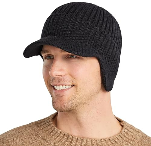 MLPKOI Wintermütze mit Ohrenschützern, Herren Winter Dicke Mütze Kappen mit Schirm Warme Thermische Strickmütze Windschutz Baseballcap für Den Außenbereich