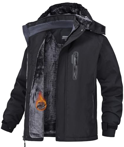HotPoem Boys Winter Coat Jackets Snow Suit for Kids Cold Weather Fleece Warm Waterproof Insulated Softshell Ski Snowboard Jackets for Girls Windproof with Zip Pockets Hoode Black 8-9