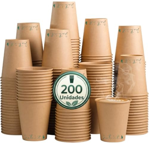 GreenFyA Vasos Desechables de Cartón Kraft para Café – Vasos Café Desechables Resistentes para Bebidas Calientes y Frias, Vaso Café para Llevar Ideal para Oficina, Eventos y Take Away (200, 110ml)