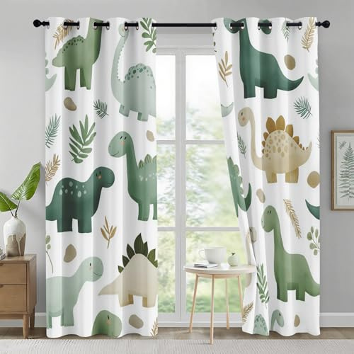 Generisch Vorhänge Cartoon Dinosaurier, Kinder Wildlife Dino Vorhang Blickdicht mit Ösen 2er Set, Verdunklungsvorhänge für Wohnzimmer Schlafzimmer Deko, Gardinen mit Muster 137 X 117 cm (H X B) B-D134