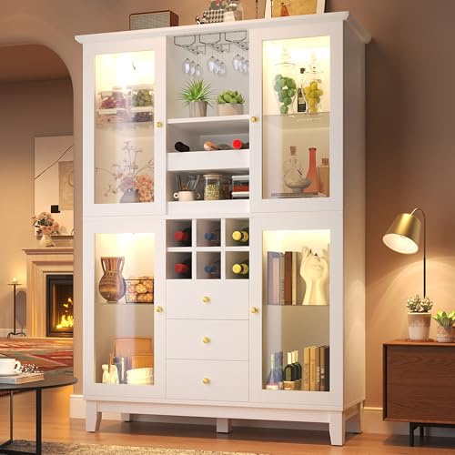 BTM Living Room Display Cabinets with Glass Doors & LED Lights Freestanding Kitchen Tall Cupboard with Wine Rack, White