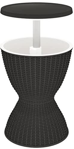 HPUYRFG Tavolo da giardino 3 in 1 con frigorifero in polipropilene nero, utilizzabile come tavolo da cocktail e tavolino da caffè, con design effetto rattan, tappo di scarico e sistema di chiusura a