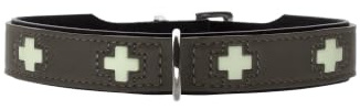 HUNTER Hundehalsband Swiss Glow aus weichem Rindsleder, Fluoreszierende Kreuze leuchten im Dunkeln, handgenäht, Made in Germany, Farbe: steingrau, Größe: 37