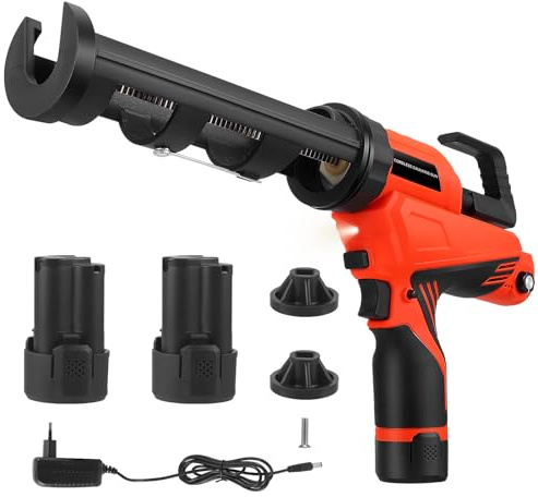 Akku Kartuschenpresse 12V mit 2x 2.0Ah Akku & Ladegerät, 5000N Elektrische Silikonspritze für 300ml Kartuschen, Stufenlose Geschwindigkeit, Anti-Tropf Kartuschenpistole mit LED-Licht