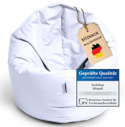 BuBiBag 2in1 Sitzsack Sitzkissen mit Füllung |X- Large Ø: 130 cm, weiß | Indoor & Outdoor Beanbag | Geeignet für Kinder Innen- & Außenbereich Kinderzimmer | Wasser- & Schmutzabweisend Wetterfest
