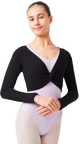 tanzmuster ® Ballettjacke Mädchen Langarm - Mia - aus sehr weichem Baumwollstoff Ballett Top zum Reinschlüpfen in schwarz, Größe 104/110