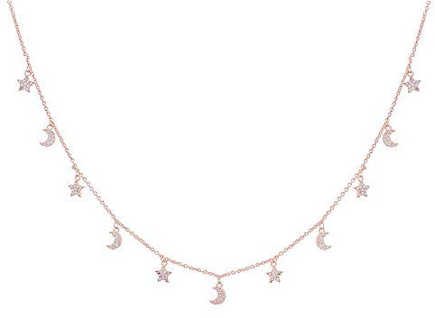 Collana con pendente a stella/luna/cuore per donna, collana a catena lunga placcata in oro rosa e argento con zirconi (#1 Luna, Oro rosa)