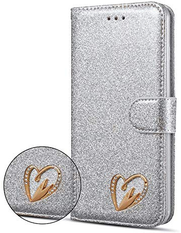 KP TECHNOLOGY iPhone 12 Pro Max Case, Luxury Glitter 3D Heart Diamond Bling Wallet Flip Case Cover for iPhone 12 Pro Max 6.7 inch (SILVER)