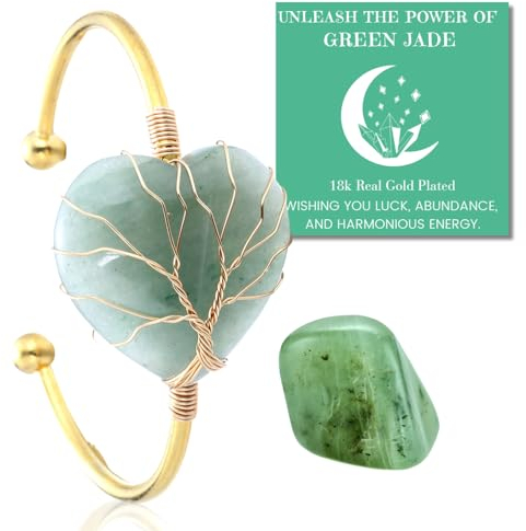 HALUKAKAH Bracciale in Cristallo di Pietra Naturale - LUNA AMORE - Filo Avvolgente Albero della Vita Placcato in Oro 18k Fatto a Mano,Ciondolo in Forma di Cuore in Giada Verde Misura Regolabile
