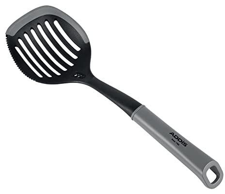 Addis 518710 Large Skimmer Serving Spoon with Soft Silicone scoop edge Kitchen Utensil Non Scratch, Black & Grey