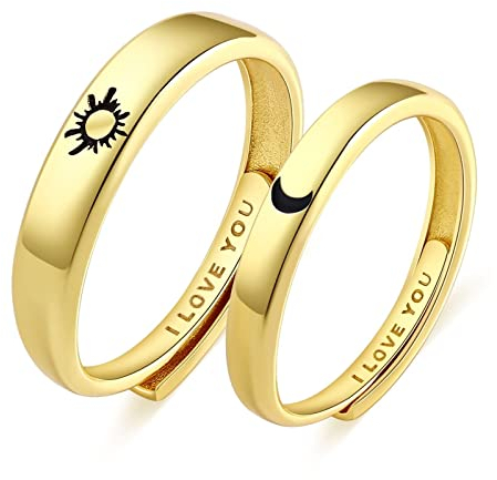 Beydodo Partnerringe mit Gravur, Verlobungsringe Silber 925 I Love You Sonne Mond Ringe Gold Paarringe für Sie und Ihn