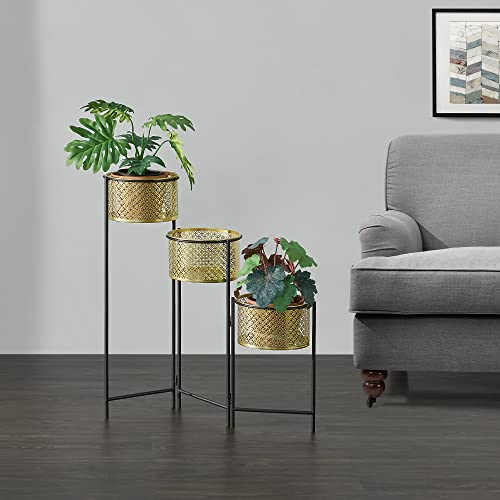 [en.casa] Support de Plante Design à 3 Cache-Pots Porte-Plante Pliable Pot de Fleur Rond Vase Intemporel Métal Laiton Noir