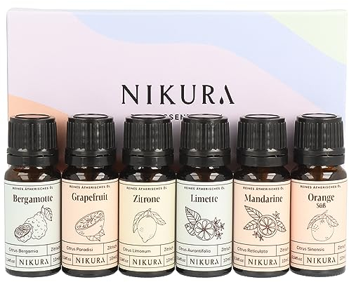 Nikura Citrus Essential Oil Gift Set - 6 x 10ml | Essential Oils for Diffusers for Home, Aromatherapy, Cleaning, Candle Making, Soap Making | Bergamot, Lemon, Lime, Sweet Orange | 100% Pure & Natural