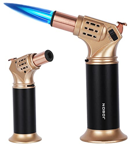 Tudo Chalumeau de cuisine rechargeable au butane avec verrouillage de sécurité et flamme réglable pour travaux manuels, cuisine, barbecue, pâtisserie, crèmes, desserts, soudure Doré