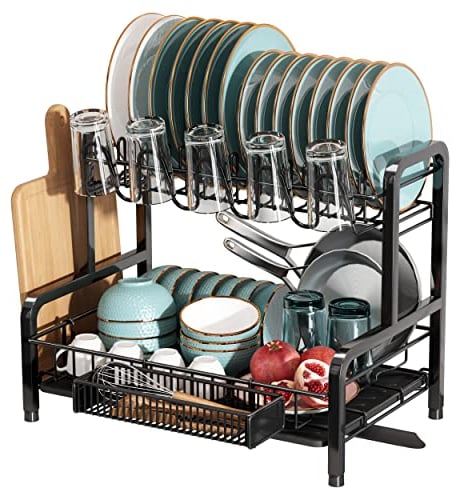 2 Tier Dish Drying Rack, Stainless Steel Dish Drainer, Dish Drainer Rack with Drip Tray, Dish Rack with Swivel Spout, Sink Drainer Rack with Utensil Holder, Cutting Board Holder and Cup Rack, Black