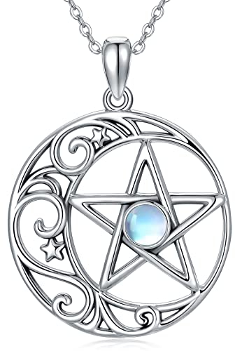 URONE Pentagramm Halbmond Halskette Sterling Silber Pentagramm Mondstein Anhänger Wicca Schmuck Geschenke für Frauen Mädchen