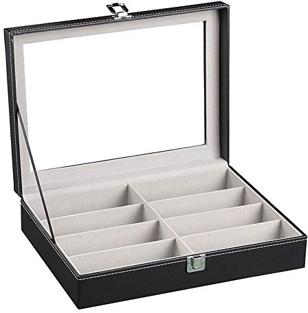 Brillenbox Brillen Display Brillenkoffer, Transparenter Deckel Design PU-Leder 8 Fächer Brillen Box Brillenhalter Sonnenbrille Display Speicherorganisator Fall Fach Brillenaufbewahrung Sonnenbrillen A
