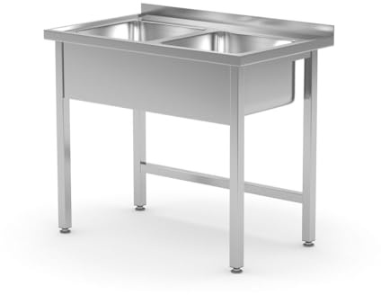 HENDI Doppelspültisch, geschweißt, Verstellbare Füße, Beckengröße: 400x400(H)250mm, Abfluss: ø50mm, Öffnung für Wasserhähnen: ø30mm, Aufkantung: 40mm, 1000x600x(H)850mm, Edelstahl
