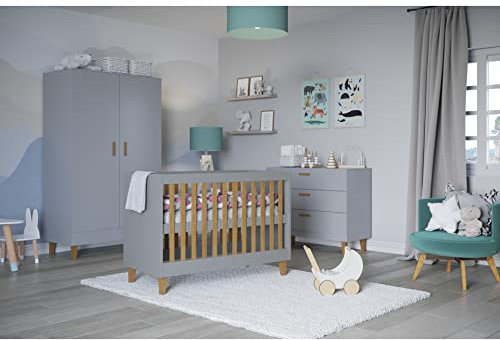Générique Babyzimmer: Kleiderschrank mit 2 Türen + Kinderbett 60 x 120 cm mit Lattenrost + Kommode mit 3 Schubladen; Farbe Grau