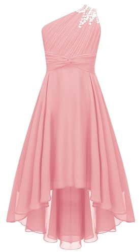 TiaoBug Enfant Fille Robe Princesse Soirée à Perles Une Épaule Plissé Robe Demoiselle d'honneur Mariage Cérémonie Robes de Bal Carnaval Fête 6-16 Ans Rose 11-12 Ans