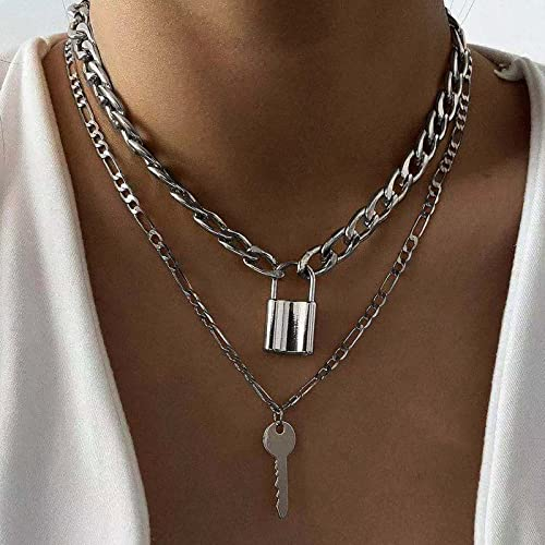 Atentuyi Punk Kette Kubanisch Chunky Choker Silber Geschichtet Halsketten Schloss Halskette Anhänger Schlüssel Halsketten Flach Kandare Link Kette Dicke Kette Mehrlagig Schmuck Für Frauen Und Mädchen