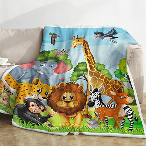 Domgoge Dschungeltier-Decke, Dschungeltier-Fleecedecke für Kinder, weiche, gemütliche Flanell-Dschungel-Überwurfdecke mit Giraffen-Elefanten-Löwen-Druck, flauschige Safari-Zoo-Decke für Teenager-Mädch
