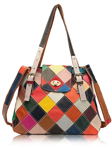 Karoukee Frauen Patchwork Handtasche mit Top Handle, Einzigartige Rindsleder Umhängetasche, Bunte Mittlere Schultertasche, Mode Henkeltasche für Damen