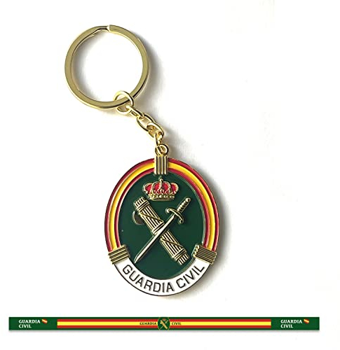 ADCSHOP – Llavero oval Guardia Civil. 5 X 4 cm en aleación de metales bañado en dorado – relieve e impresiones esmaltadas + pulsera Guardia Civil bandera España de hilo trenzado