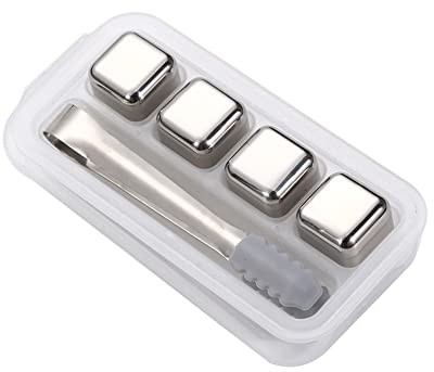 QIRUIRED 4PCS Stainless Steel Whisky Stones Ice Cubes with Silicone Clip Bar Barware Sets Quick Freeze Ice Stones Reusable Chilling Rocks for Whiskey Wine Gin Tonic Drinks