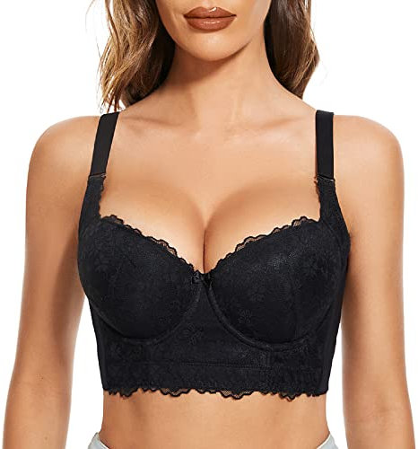 FallSweet Push Up Bras for Women Lace Plus Size Wide Back Underwire Longline Corset Bra(Black, 34B)