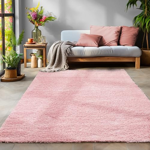 SIMPEX Flauschiger Teppich Wohnzimmer Schlafzimmer Läufer Flur Esszimmer Küchenteppich Hochflor Einfarbig Modernes Design 30 mm Florhöhe Kuschelweich, Rosa, 140 x 200 cm