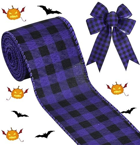 TONIFUL 6,3 cm lila schwarz Büffel Plaid Juteband Drahtkante Band Halloween Thanksgiving Herbst Weihnachten Drahtband für Handwerk Geschenk Baumspitze Kranz Schleifen Outdoor Indoor Dekorationen 6
