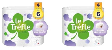 Le Trèfle® Douceur Fleur de coton - Papier toilette - 4 maxi rouleaux : 6 rouleaux classiques –Lotion aux extraits de coton - Emballage recyclable – certifié FSC® Mixte (Lot de 2)