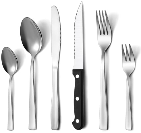 Pleafind Besteck Set, 36 Teilig Besteck für 6 Personen, Hochwertiges Besteckset aus Edelstahl, Besteck Set mit Steakmesser, Hochglanzpoliert, Ergonomisches Design, Spülmaschinenfest