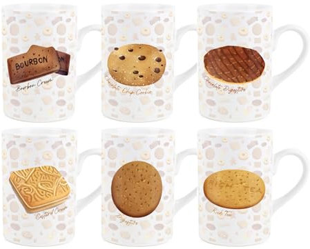 Purely Home British Biscuits Ceramic Mugs Set - Novelty Cookie Print - Tea Coffee Gift/Present Mugs Set of 6