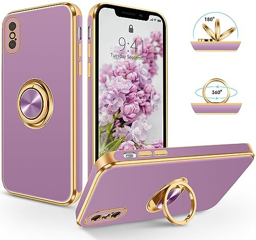 SouliGo for iPhone X/XS Case 360° Ring Holder Kickstand Magnetic Car Mount Slim Luxury Bling Plating Soft TPU Anti-Scratch Protective Phone Case for iPhone X/XS 5.8”, Lilac Purple