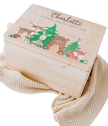 wunderwunsch® - Personalisierte Erinnerungsbox Baby mit Spezial-Druck - Baby Erinnerungsbox - Erinnerungskiste aus Holz - Geschenk zur Geburt (Waldtiere, M-Klappdeckel)