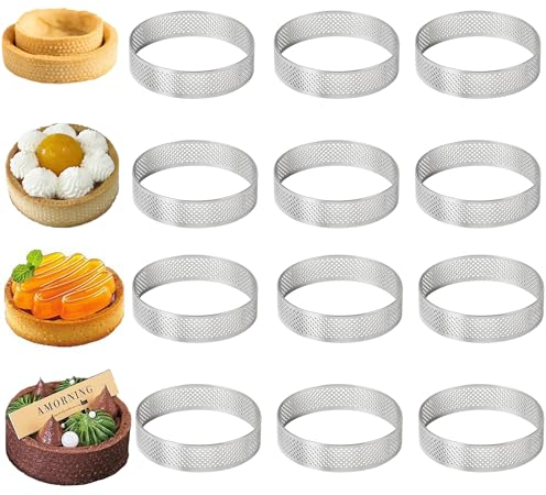LIANCHEN 12 StüCk Unten Pie Kuchen Form Torten Edelstahl Perforierter Kuchen Mousse Stainless Steel Tart Rings Wiederverwendbar für Mousse-Kuchen und Desserts zum Backen Schichten und Formen (7cm)
