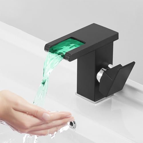 Wasserfall-Waschtisch-Mischbatterie, ergonomisch, LED-Badezimmerarmatur, Wasserfall, Einhandgriff, 1 Loch, Deckmontage, Kalt-Heiß-Mischbatterie, modernes Design, einfache Installation (schwarz)