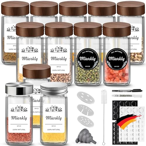 Miorkly Gewürzgläser Eckig 12er mit Deckel [12 Akazienholz & 5 Edelstahl & 5 Aluminium],Gewürzstreuer Glas|Gewürzdosen 120ml für Gewürze Set Aufbewahrung & Organizer-Gewürzbehälter Spice Jars